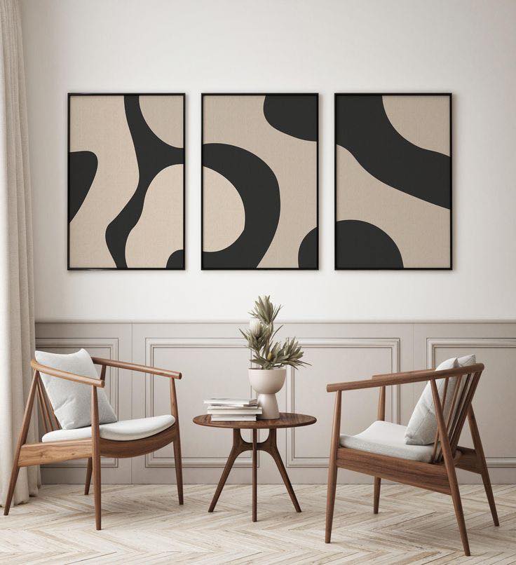 Trio Tableau abstrait "Courbes Noires" Ab-CRI